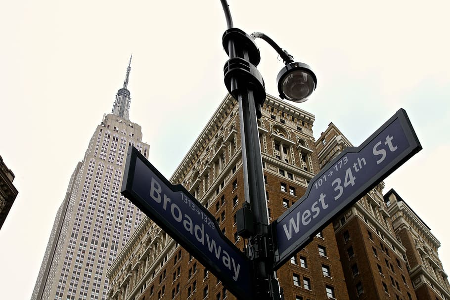 street signage of Broadway and West 34th St, manhattan, 34th street, HD wallpaper