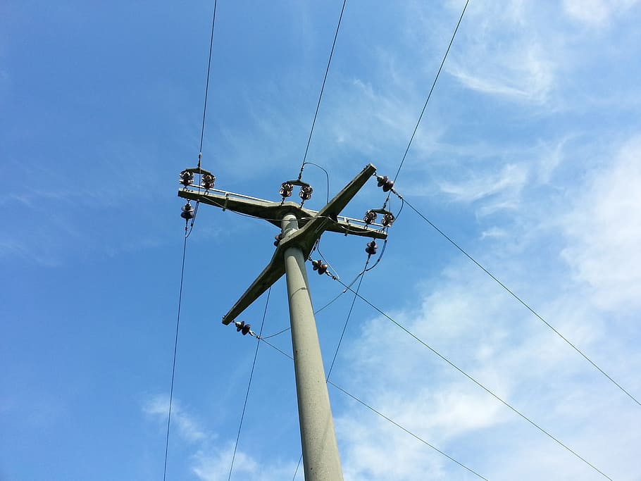 strommast, lines, clouds, high voltage, power line, masts, sky HD wallpaper