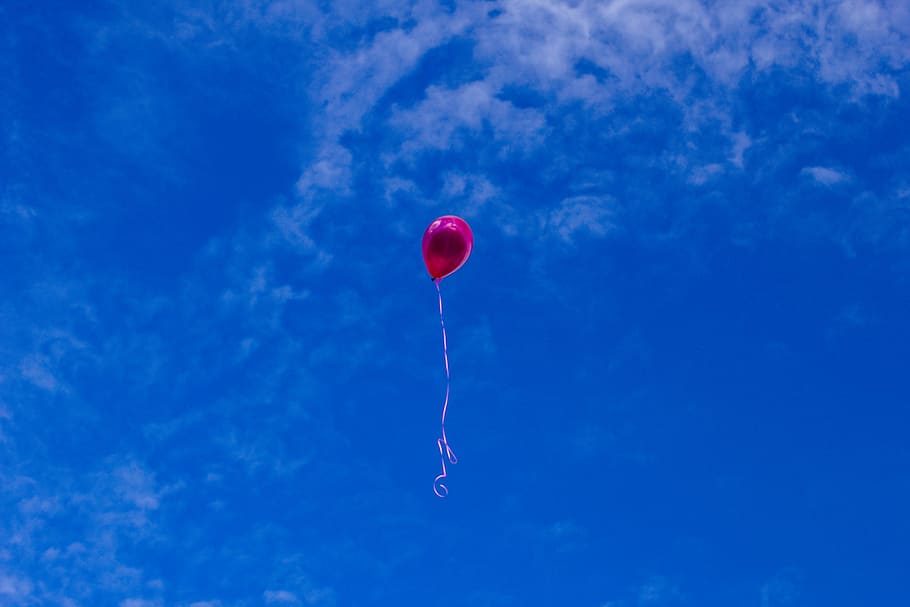 red balloon floating in sky, pink, flying, blue, sunshine, summer, HD wallpaper