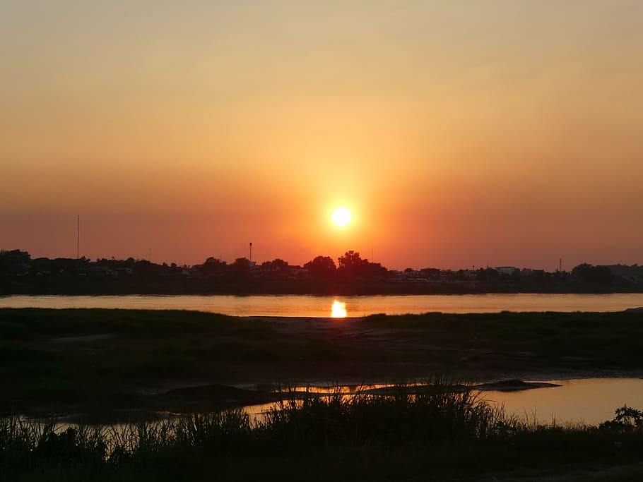 sunset, laos, landscape, river, water, asia, mekong river, sky HD wallpaper