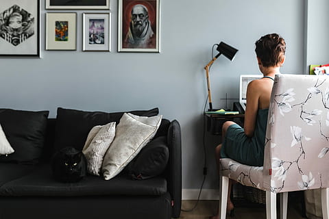 Stylish workplace with computer at home, woman, interior, interior design HD wallpaper