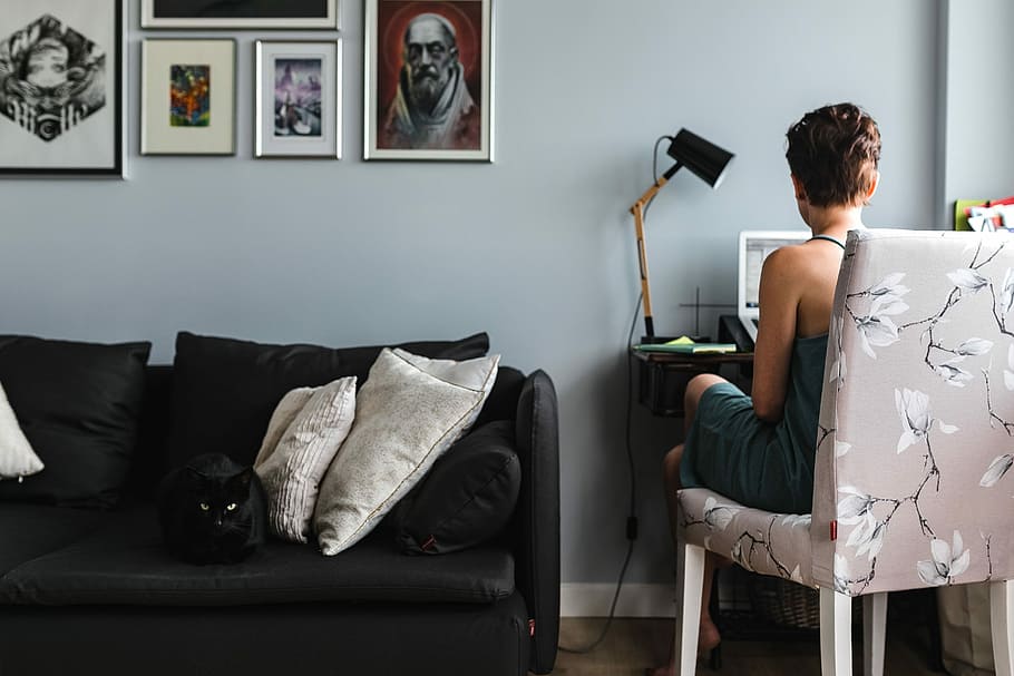 Stylish workplace with computer at home, woman, interior, interior design HD wallpaper