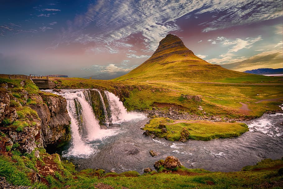 painting of white falls under blue sky, nature, mountains, cliff HD wallpaper