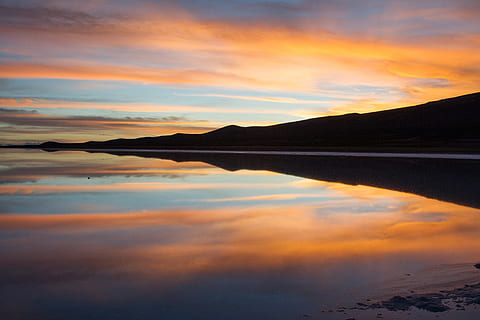 reflections, bolivia, sunset, salt flats, sky, water, cloud - sky HD wallpaper