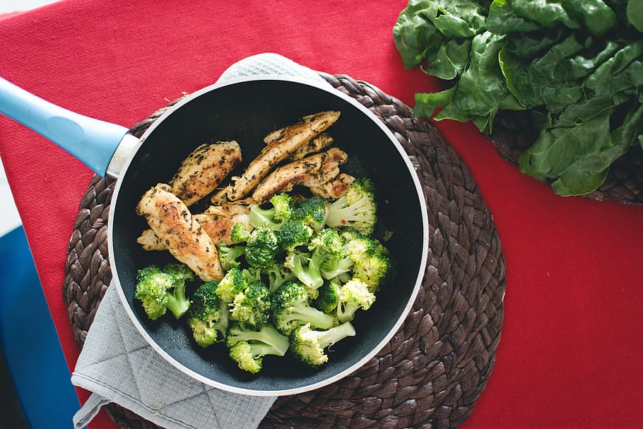 Chicken breast steak with broccoli, healthy, home, meat, pan, HD wallpaper