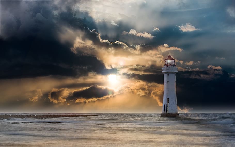 lighthouse near body of water during sunset, glow, evening, clouds, HD wallpaper