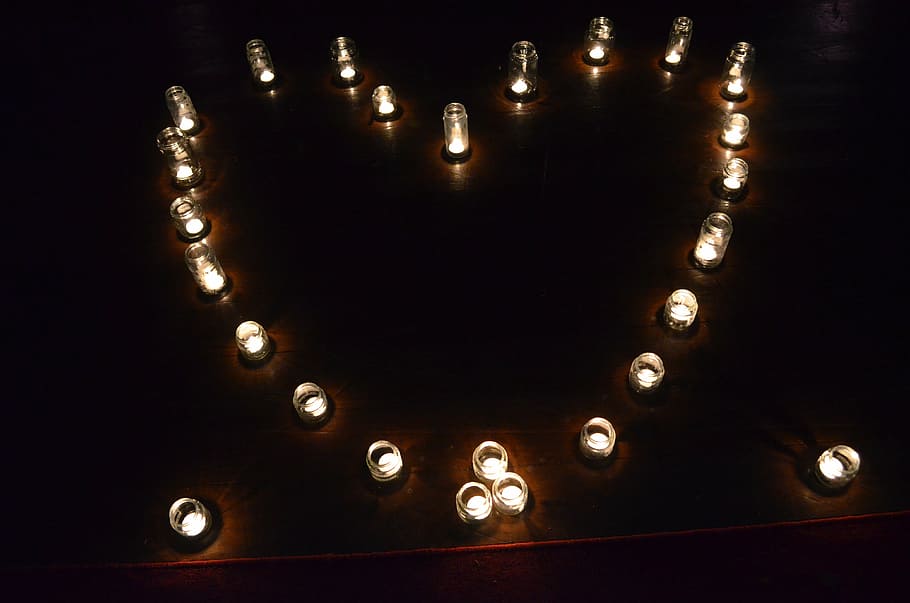 candles, heart, night, no people, indoors, lighting equipment HD wallpaper