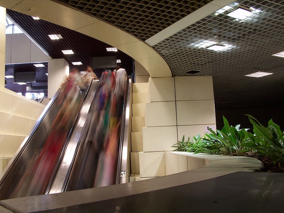 gray escalator, mall, lifestyle, people, business, urban, building HD wallpaper