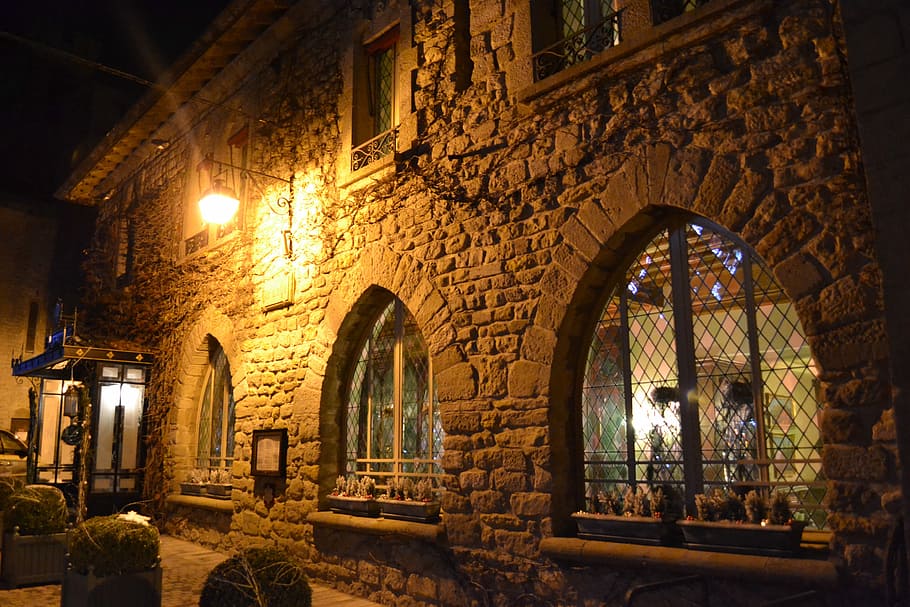 Stone House, Night, Restaurant, medieval house, carcassonne, HD wallpaper