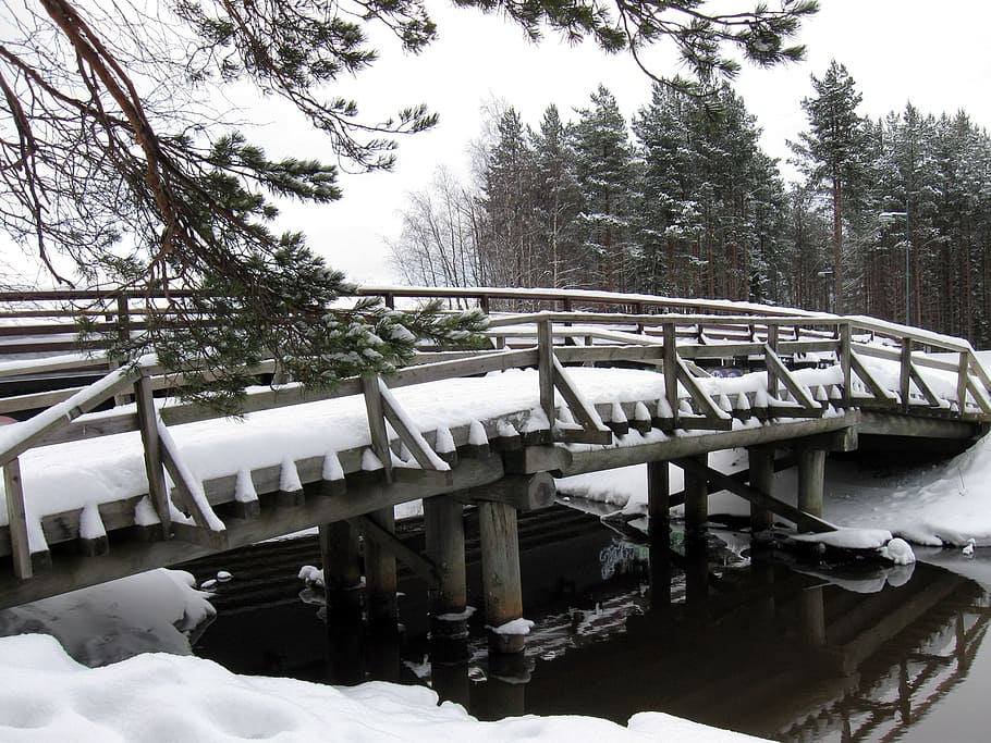 finland, bridge, stream, river, water, architecture, winter HD wallpaper