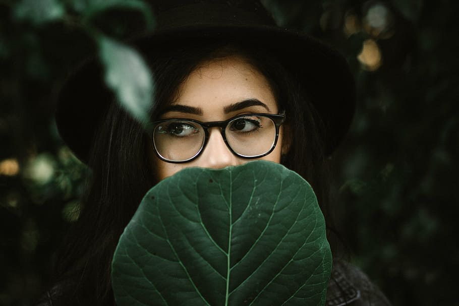 woman covering her mount of leaf, green, plant, nature, people HD wallpaper