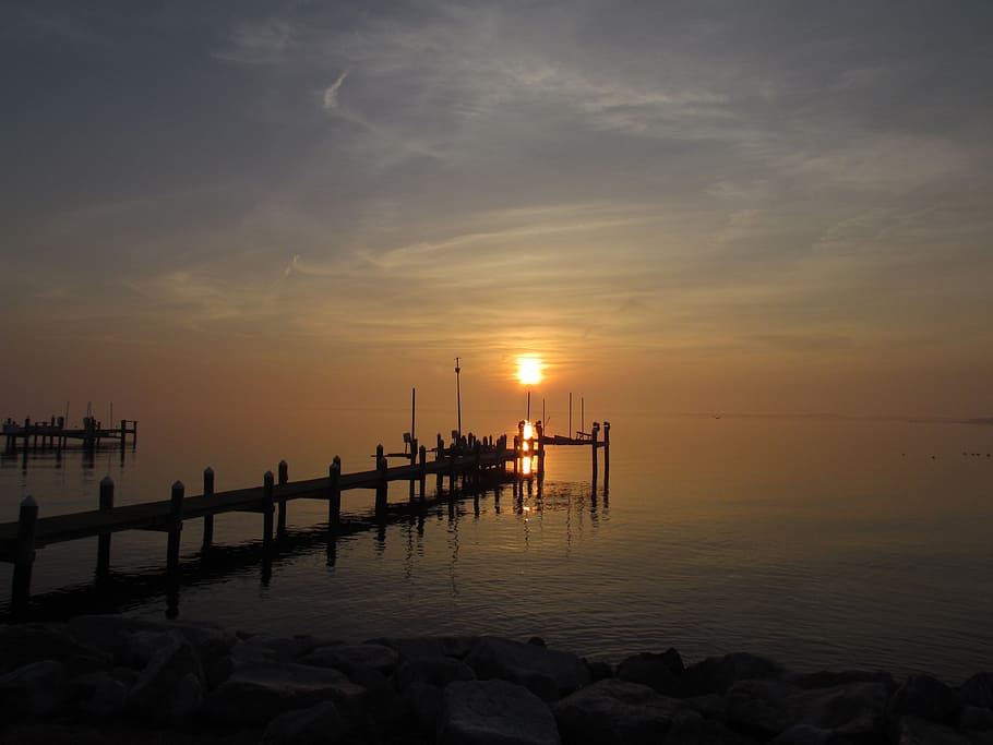 jetty, sunset, pier, water, bay, nature, sunlight, landscape HD wallpaper