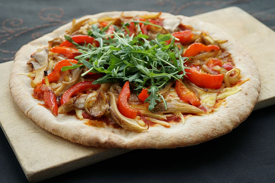 pizza with herb and tomatoes, vegan, oyster mushroom, paprika
