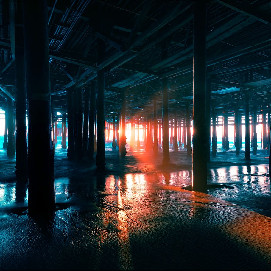 black metal infrastructure building, indoor structure with lots of black steel pillar HD wallpaper