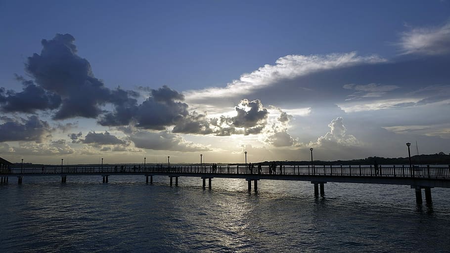 silhouette bridge during sunset photo, sea, pier, nature, water HD wallpaper