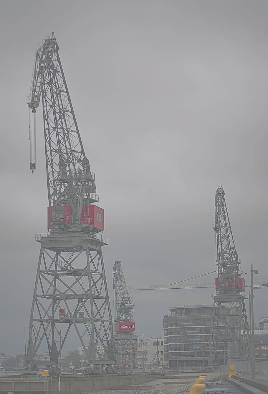 turku, port, crane, harbor crane, fog, hazy, rain, city, industry, HD wallpaper