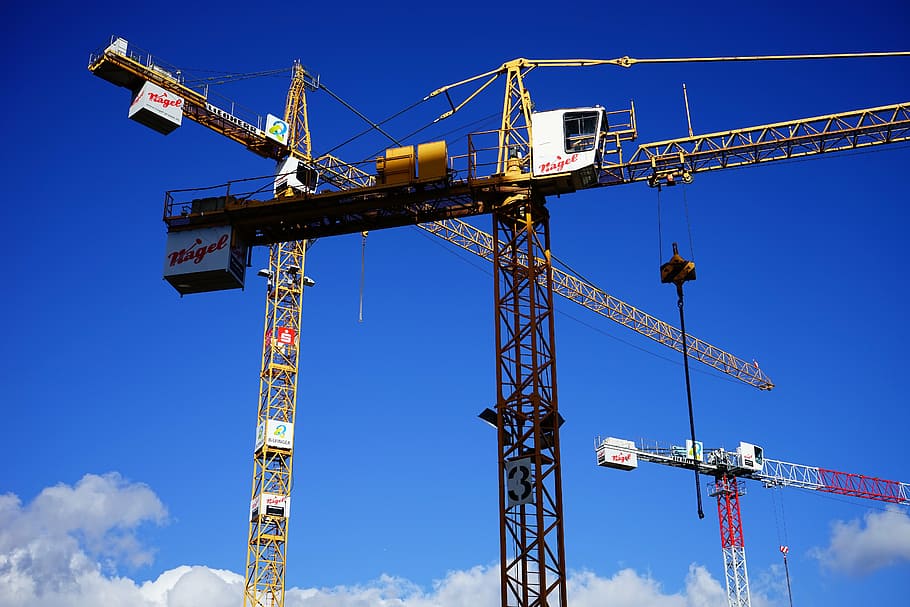 yellow and black tower cranes, load lifter, site, baukran, build HD wallpaper