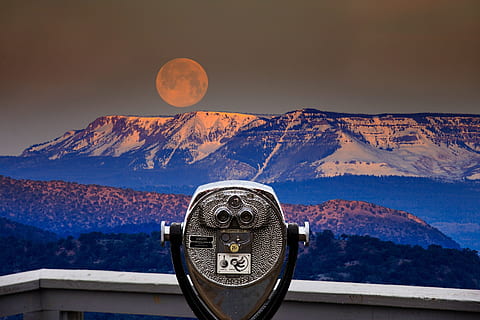 black and gray telescope in front of mountain and moon, viewpoint HD wallpaper