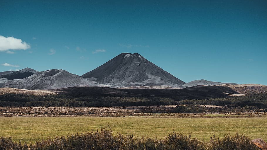 gray volcano landscape photo, mountain, highland, cloud, sky HD wallpaper