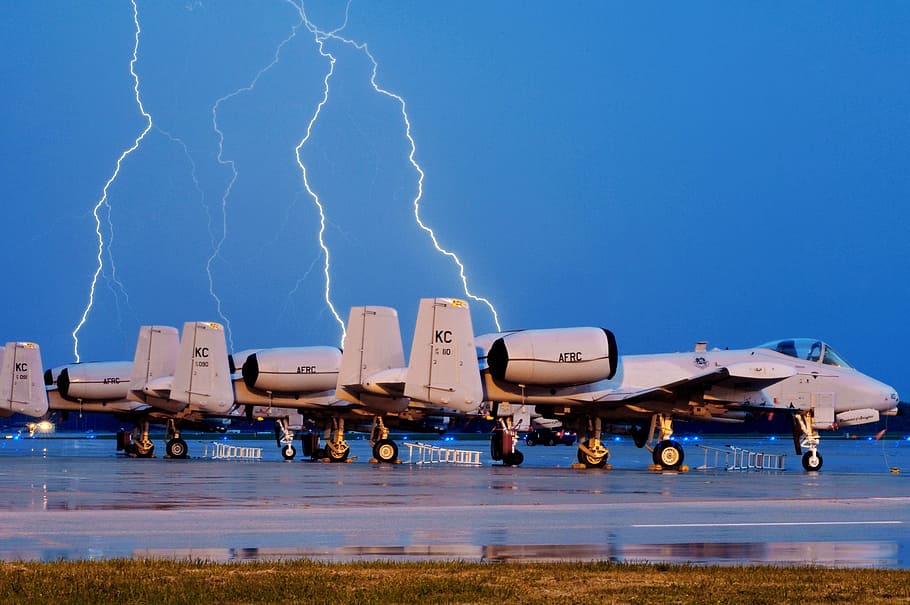 jetplanes parked on ground, lightning, strike, night, storm HD wallpaper