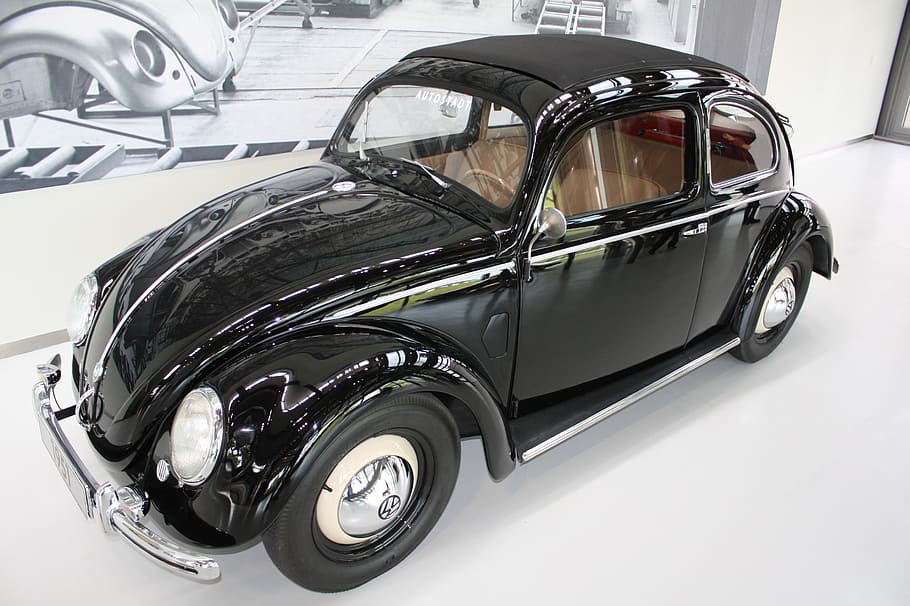 black Volkswagen Beetle coupe, autostadt wolfsburg, vw, vw beetle