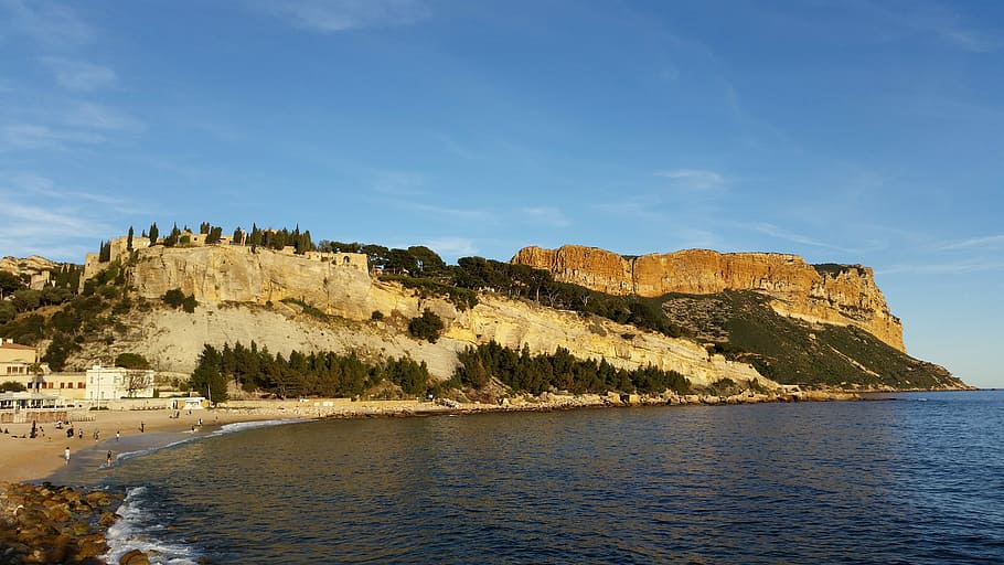 Cassis, Sea, Blue Sky, Cap Canaille, sunset, cliff, rock formation HD wallpaper