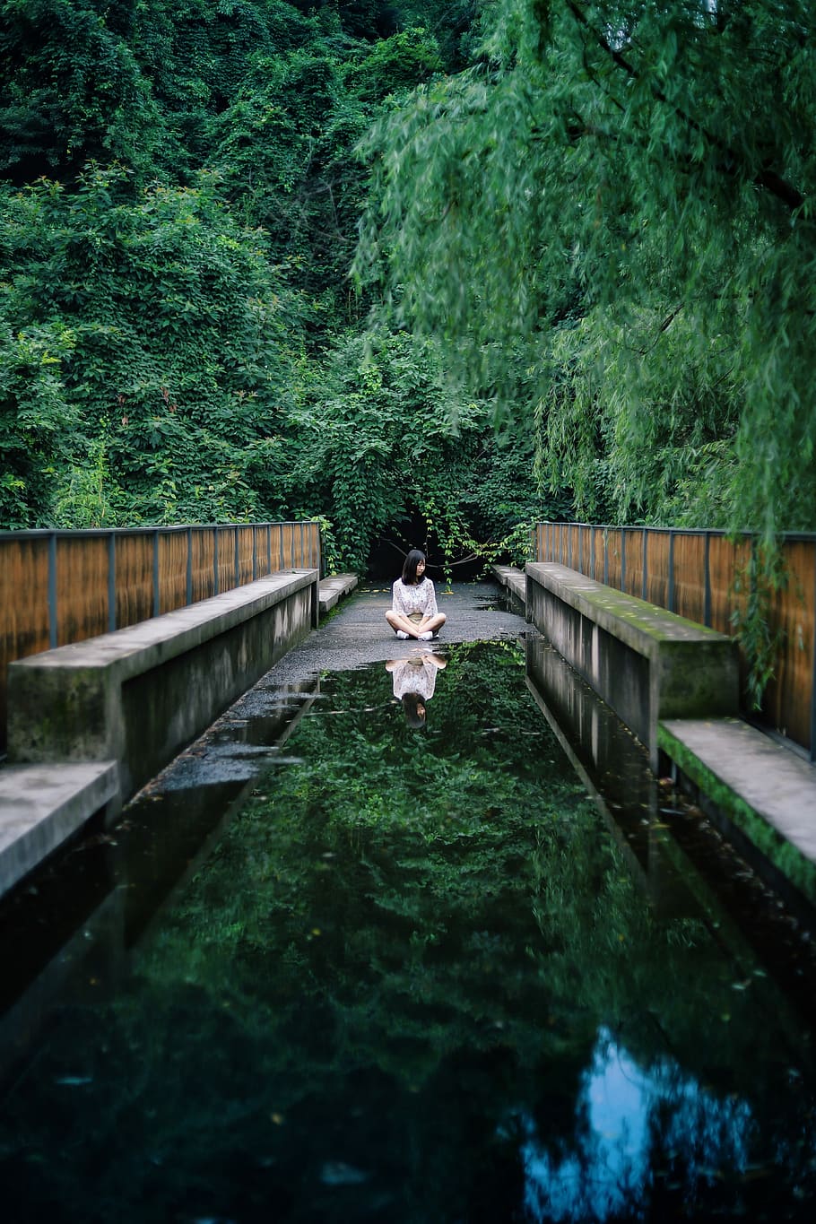 woman sits on black concrete surface surrounded by green leaf trees at daytime, woman sitting on concrete bridge near forest at daytime HD wallpaper