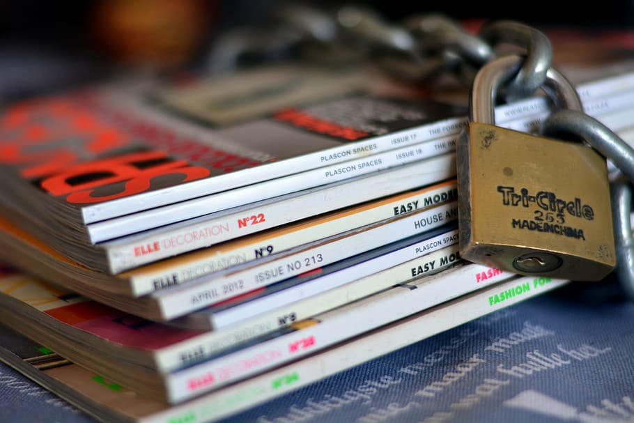 assorted book lot, magazines, lock, chain, secured, safety HD wallpaper