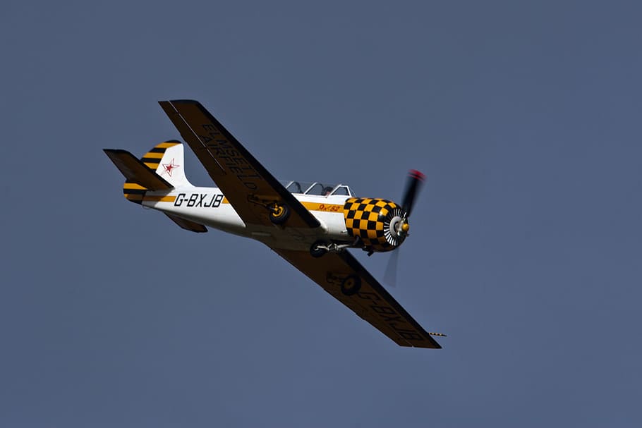 aviation, two seater, propeller, plane, yellow, white, sky HD wallpaper