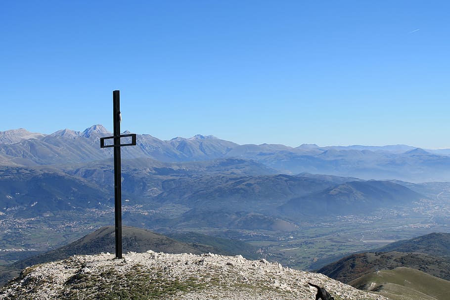 upstream, mountain, landscape, sky, nature, cross, autumn, abruzzo HD wallpaper