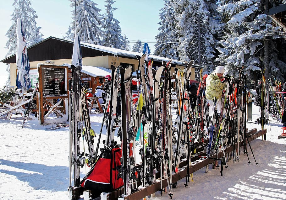 ski areal, stand with skis, skiing area, pause, rest, winter