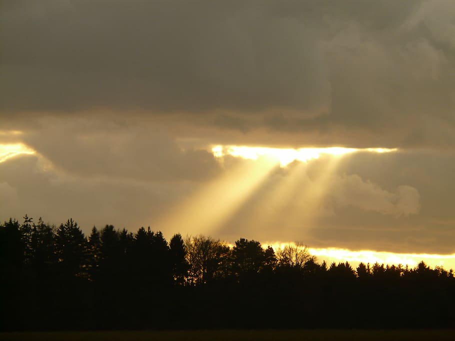 clouds with sunlight on forest, Sunbeam, Opening, God, sky HD wallpaper