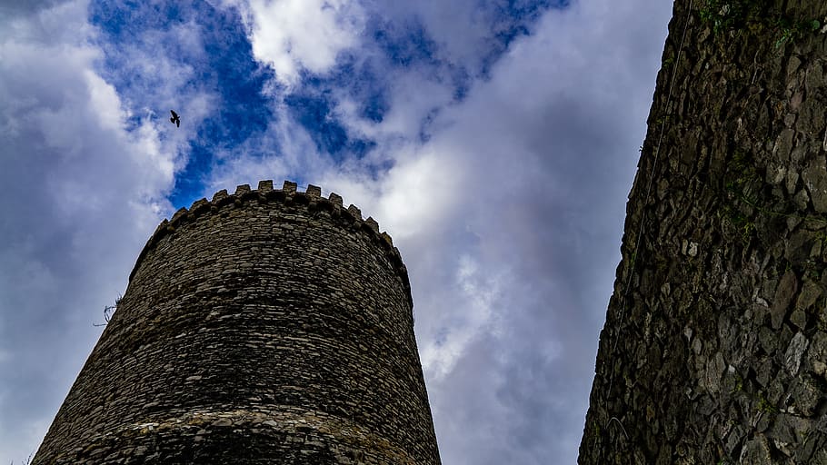 castle, sky, bird, architecture, clouds, tower, low angle view HD wallpaper