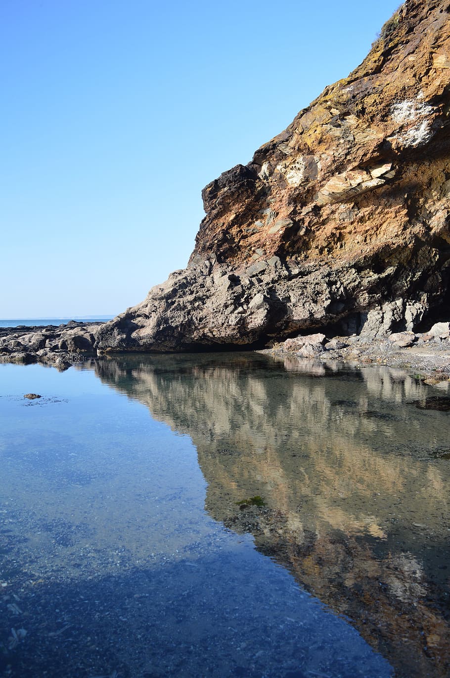 Beach, Reflection, Blue Sky, rock - object, mountain, nature HD wallpaper