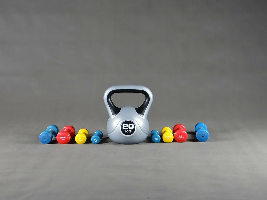 gray kettle bell and fixed weight dumbbells, sport, gym, exercising