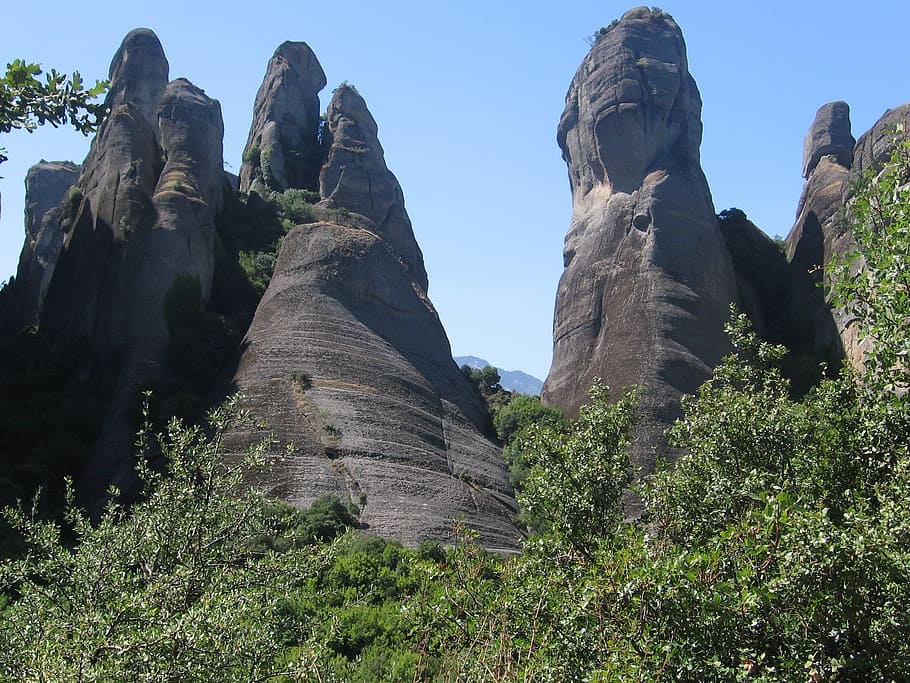 meteors, peak, greece, sky, low angle view, nature, rock, rock formation HD wallpaper