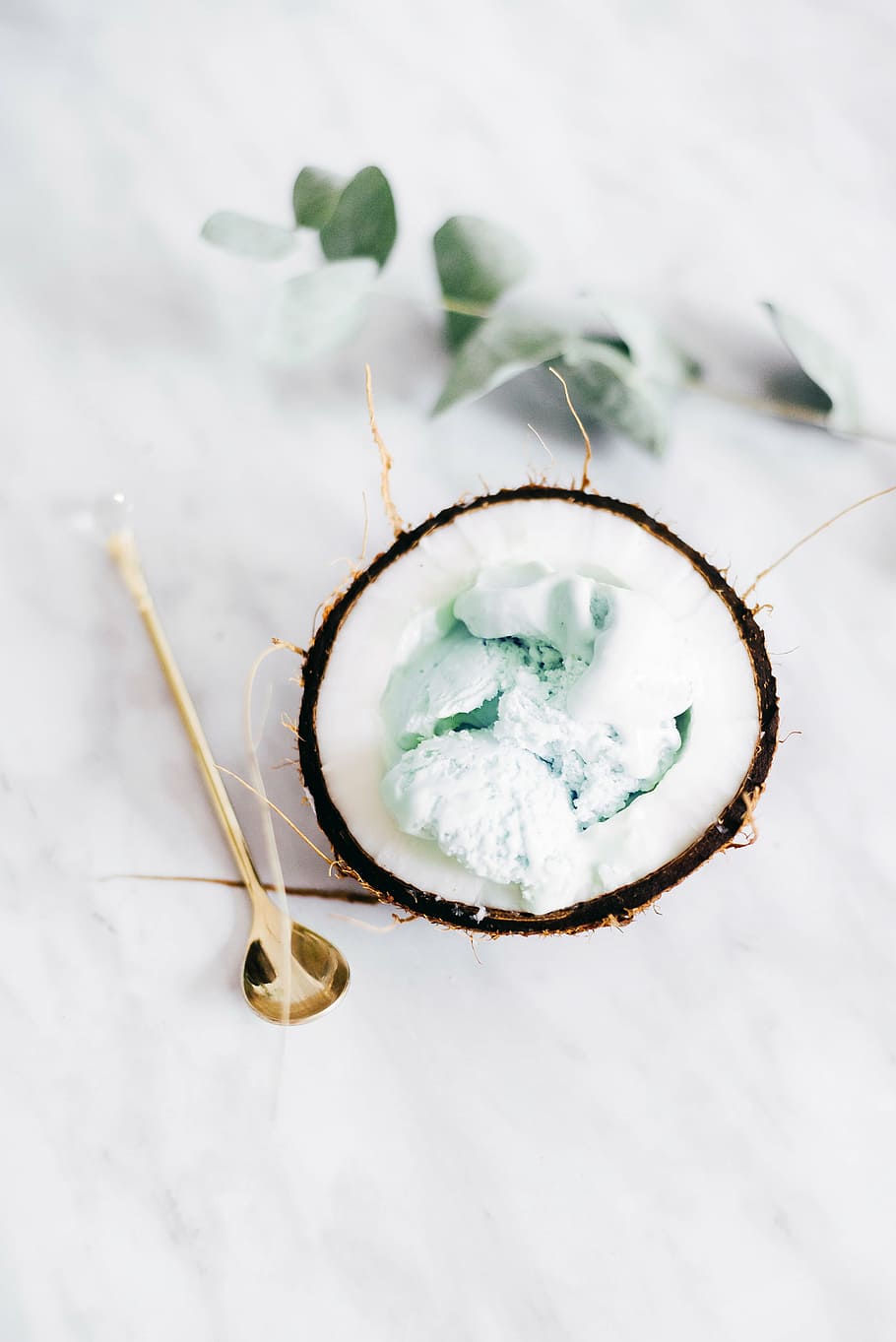 ice cream in coconut beside spoon, flat-way photography of coconut with ice cream HD wallpaper