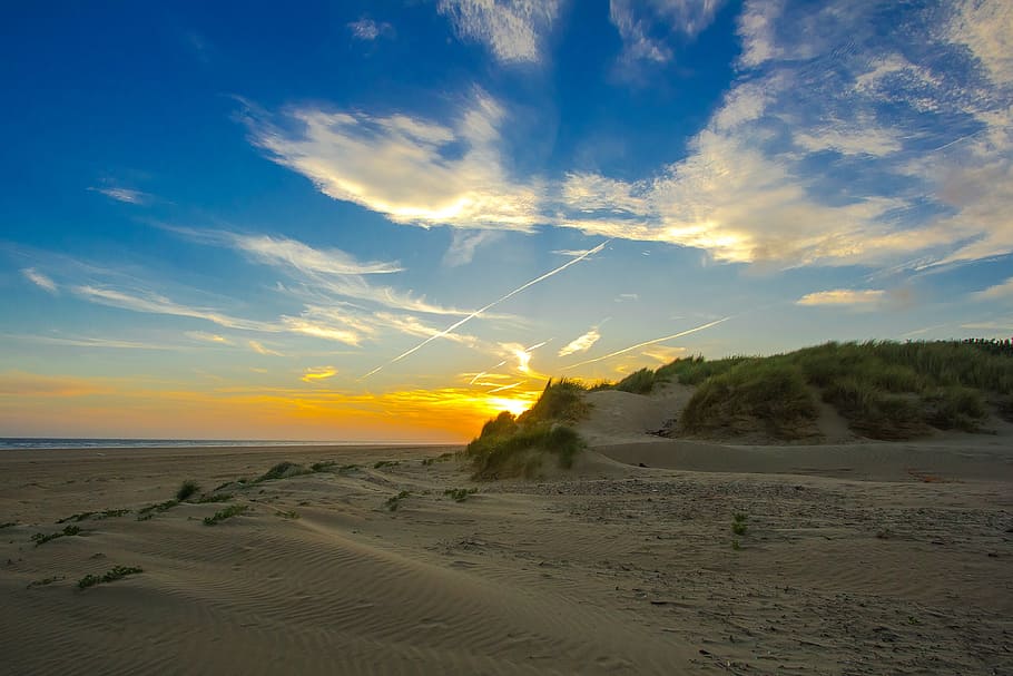 sunset, ocean, sand, beach, england, sky, cloud - sky, scenics - nature HD wallpaper