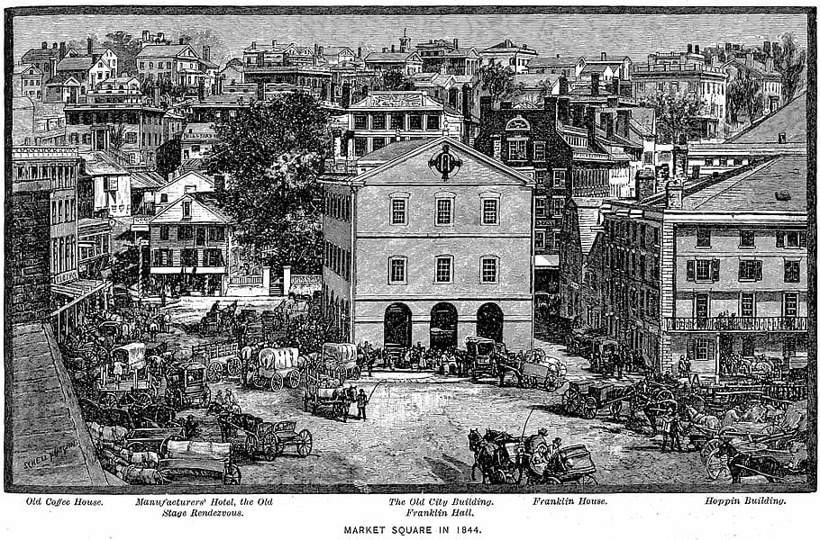 Market Square Providence in 1844 in Rhode Island, engraving, artwork