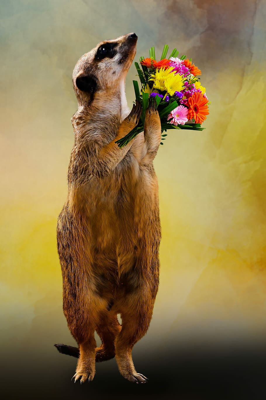 brown meerkat with flowers, animal, bouquet, thank you, love, HD wallpaper