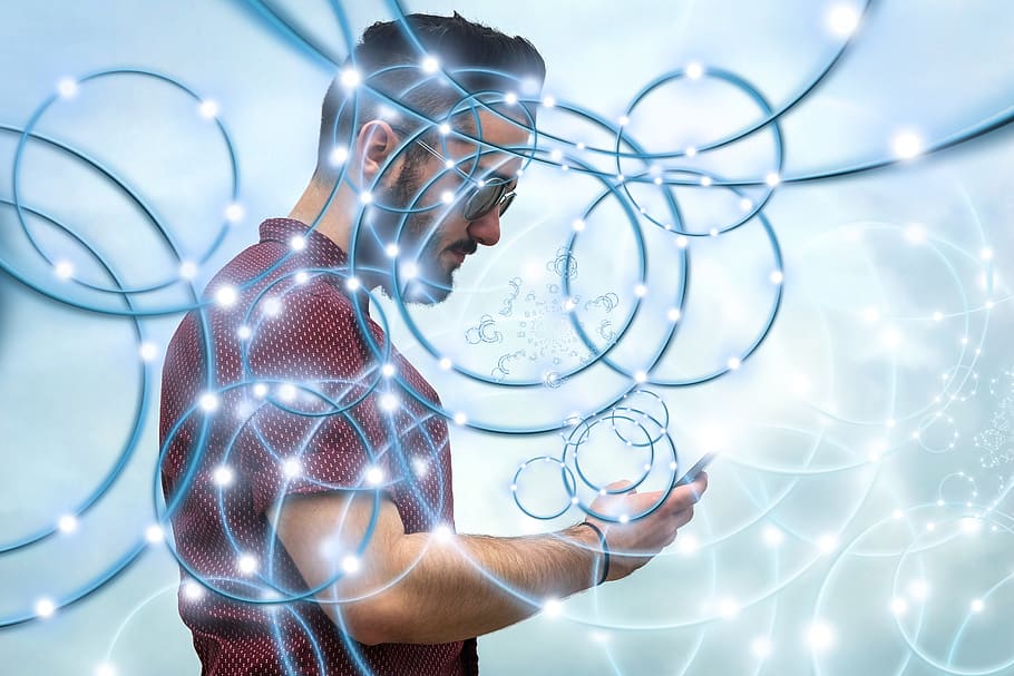 man using phone, network, planet, smartphone, earth, continents HD wallpaper