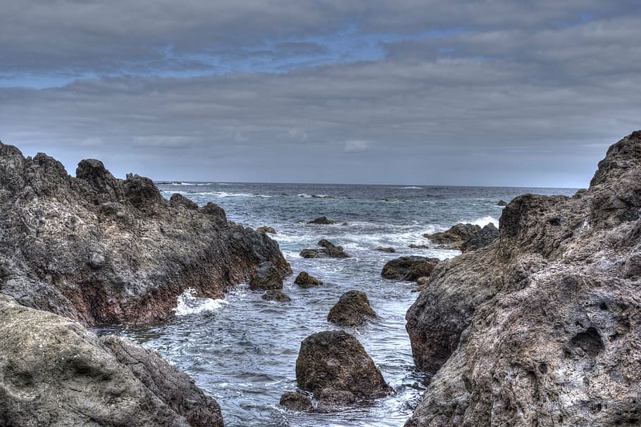 sea, rocks, sky, cliff, landscape, waves, costa, ocean, splash HD wallpaper