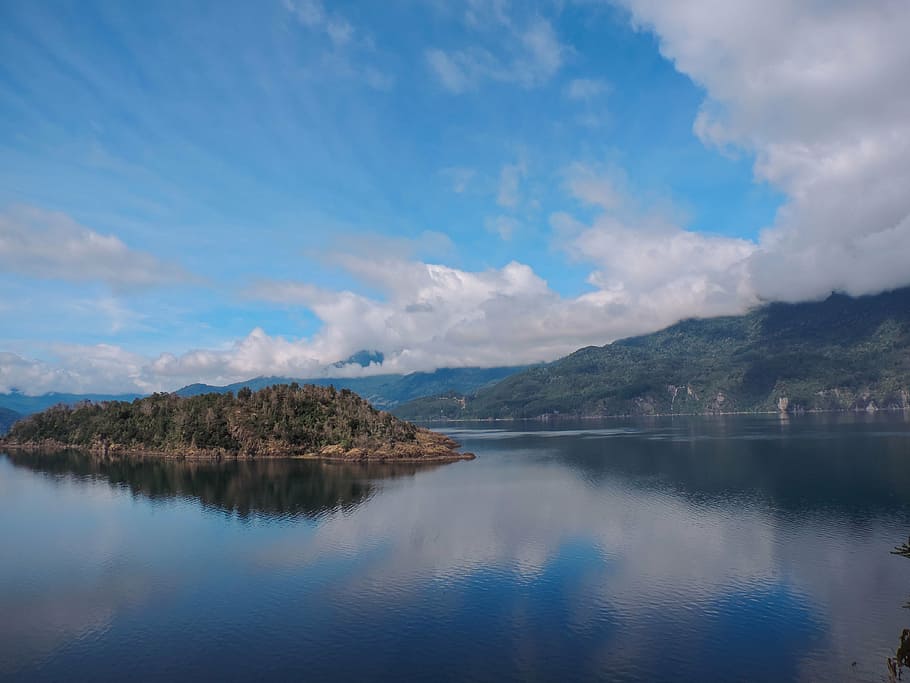 clouds, daylight, dusk, island, lake, landscape, mountain, nature HD wallpaper