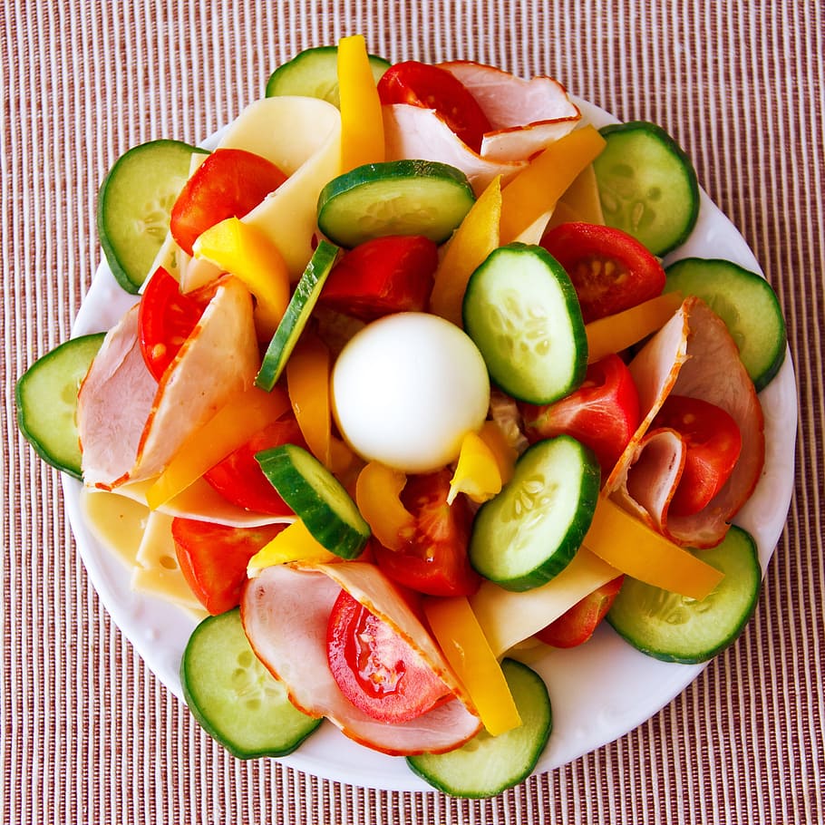 assorted sliced vegetables served on saucer, tomato, cucumber HD wallpaper