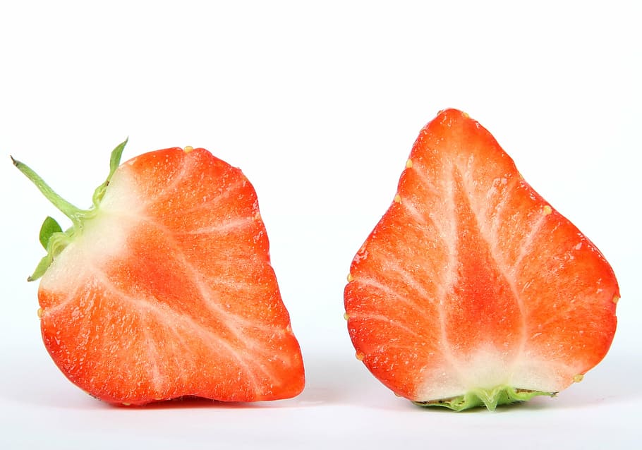 two sliced strawberries, berry, black, breakfast, closeup, color HD wallpaper