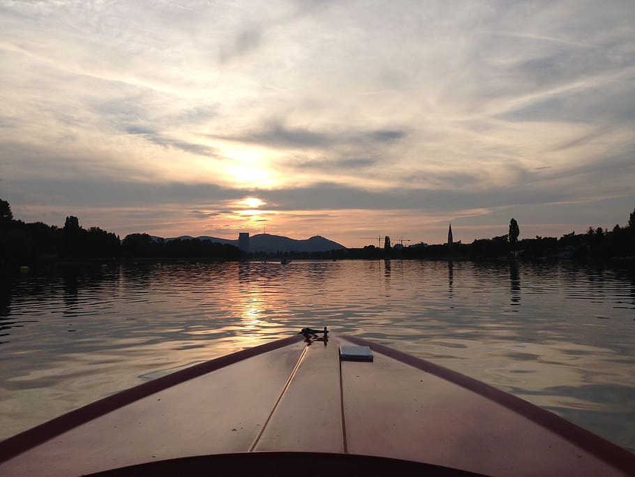 vienna, danube, sunset, water, sky, cloud - sky, reflection HD wallpaper