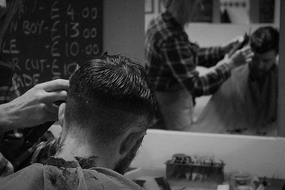 HD wallpaper: grayscale photography of man cutting man's hair in front of  mirror | Wallpaper Flare
