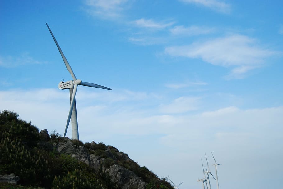 kuocang, blue sky, windmill, turbine, wind Turbine, environment HD wallpaper