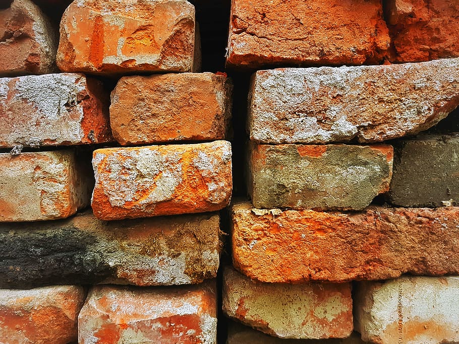 brick wall, bricks, orange, abstract, stone, full frame, red, HD wallpaper