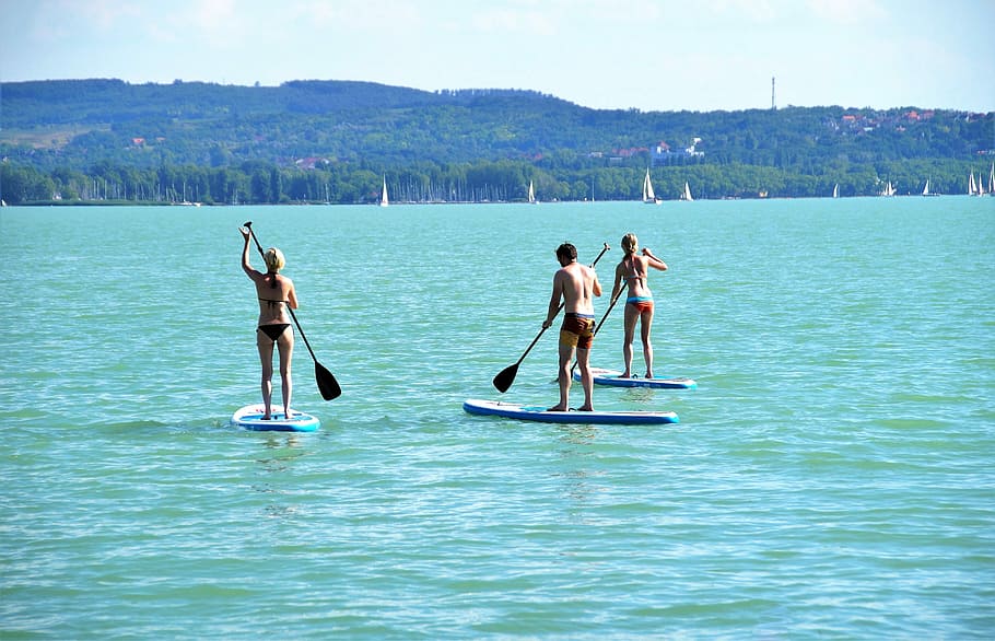 two women and one man doing paddle boat under sunny sky, Stand Up Paddle